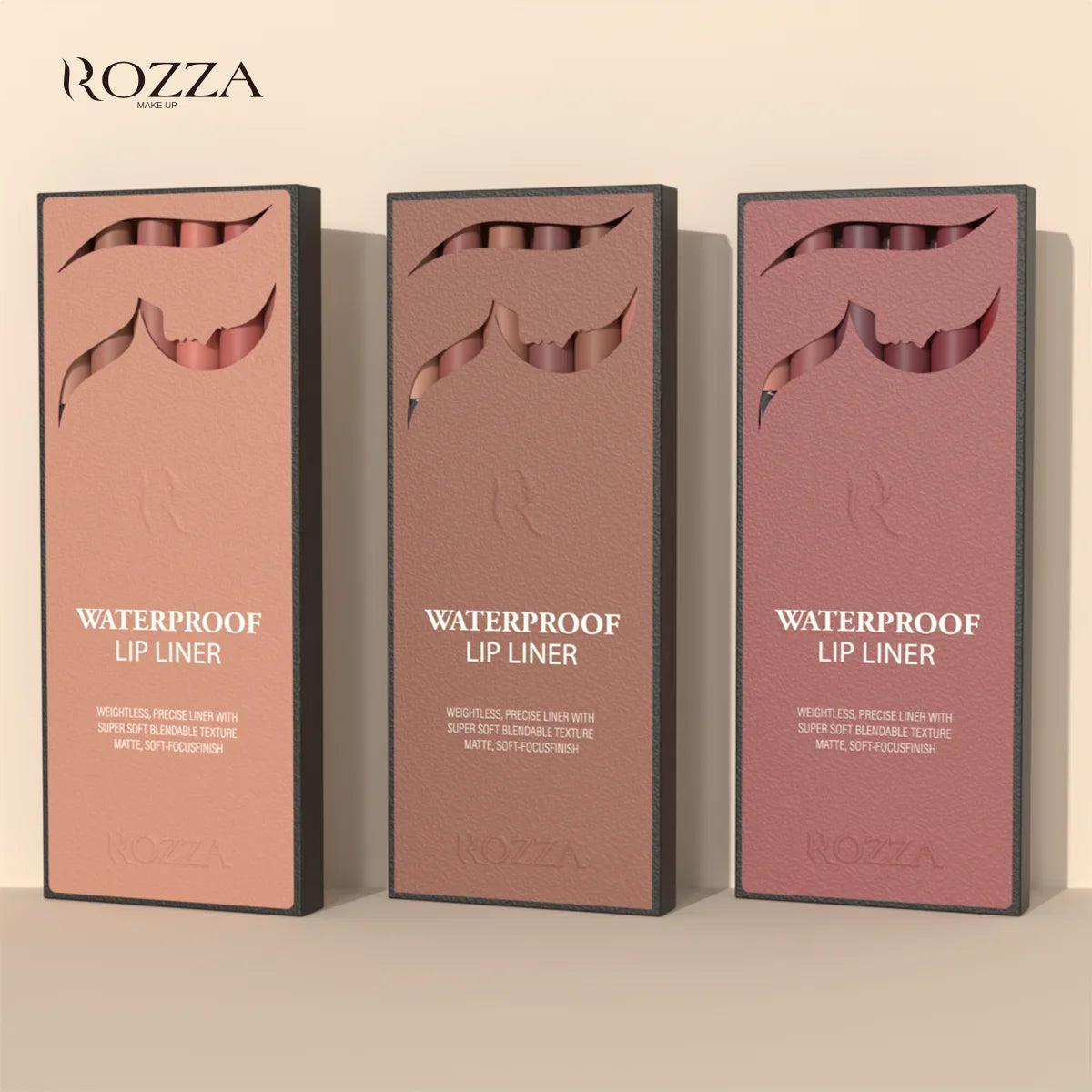 Blushimmer Rozza Waterproof Lip Liner Pencil Set featuring weightless, precise matte soft lip liners with a blendable texture.