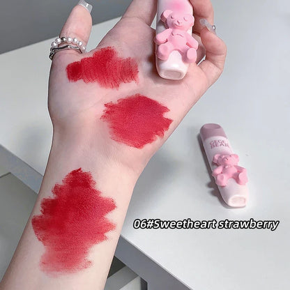 Blushimmer bear-shaped lip glaze and matte lipstick with whitening lip cream, featuring a cute bear design and vibrant lip color.