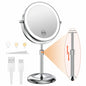 Blushimmer 8-inch makeup mirror with light, 10x magnification, adjustable brightness, three color lights, and height stand.