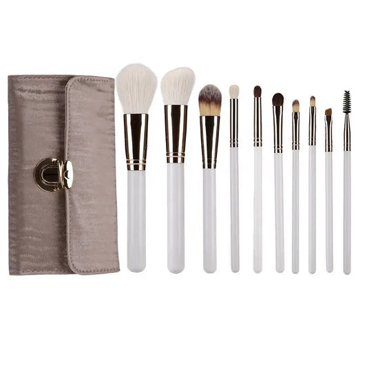 Set of 10 Blushimmer wool makeup brushes with wood handles, including powder brushes for full face makeup application.