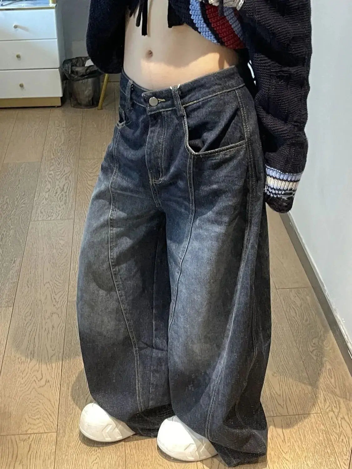 Black Womens Jeans High Waist Vintage Design Hip Hop Straight Baggy Denim Pants Street Y2K American Style Wide Leg Denim Trouser