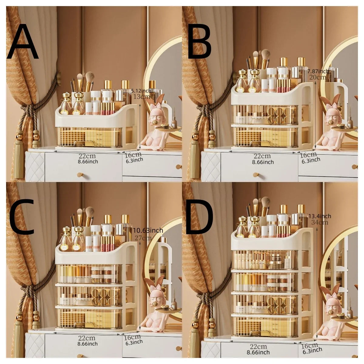 Blushimmer multi-layer makeup storage box with compartments for skincare, eyeshadow, lipstick, and lotions, ideal for dresser or bathroom.