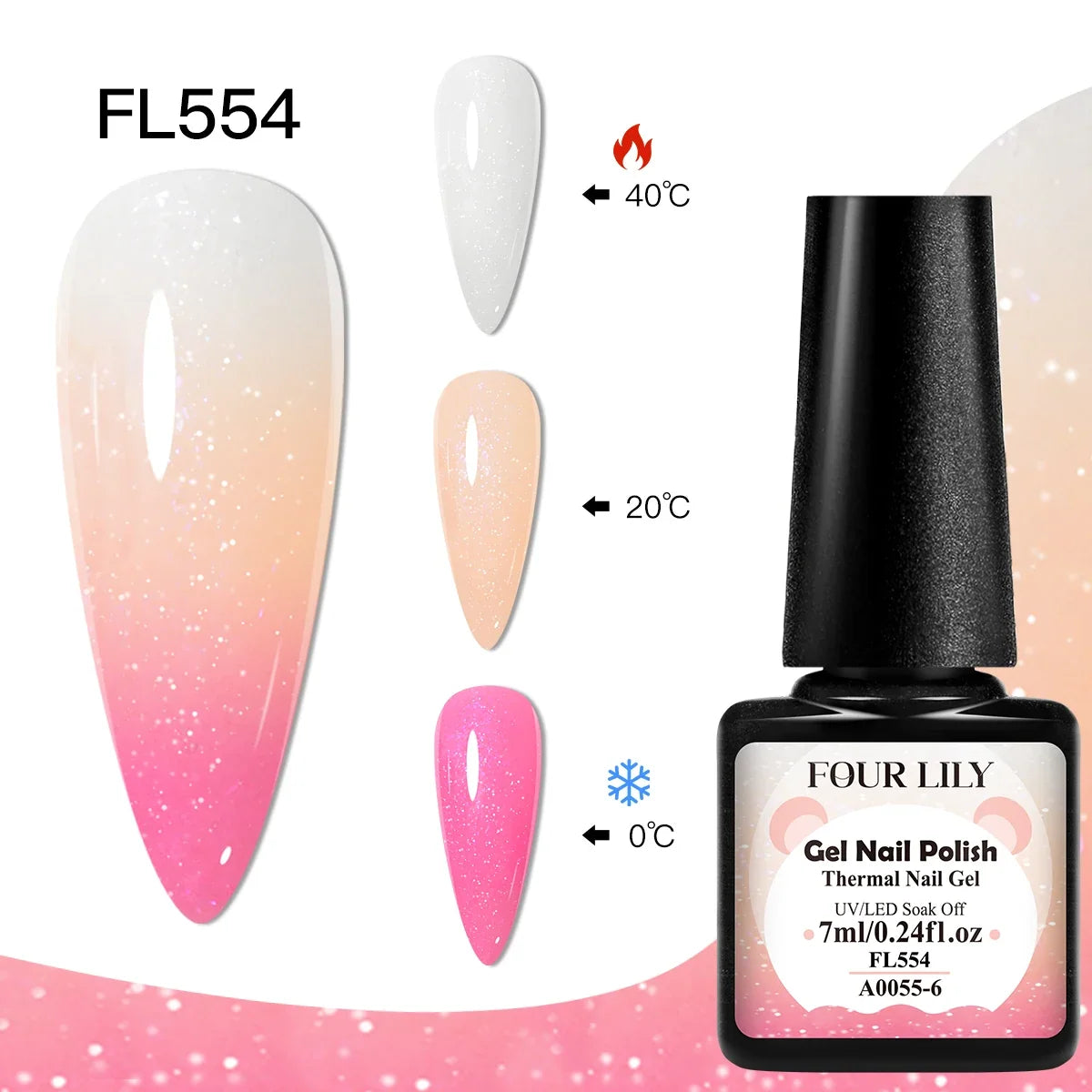 Blushimmer FOUR LILY 7ml thermal nail gel polish with three color-changing options for UV/LED semi-permanent manicure.