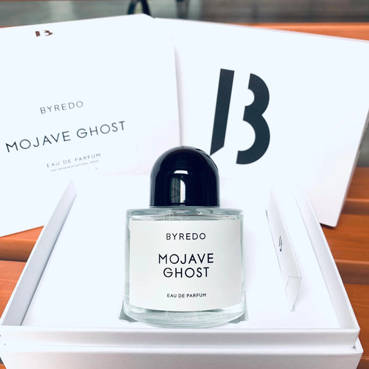 BYREDO Mojave Ghost perfume spray bottle with 100ml/3.3oz size, showcasing a sleek design and fresh, long-lasting scent.