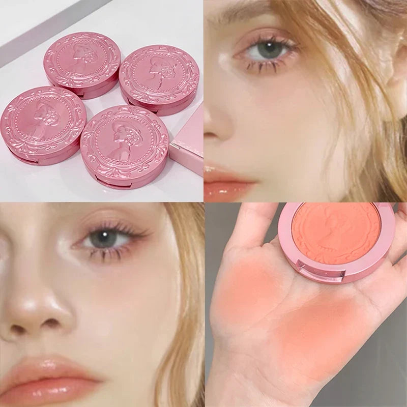Blushimmer three-dimensional relief blush cream in natural blush color, featuring a tender, delicate, low-saturation female makeup look.