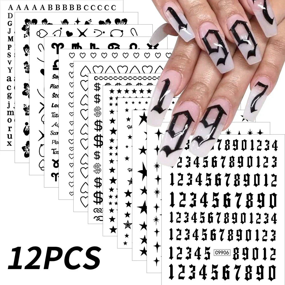 Set of 12 Blushimmer bronzing laser star nail stickers with 3D alphabet, heart, and flower designs for DIY nail art.