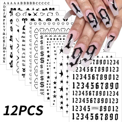 Set of 12 Blushimmer bronzing laser star nail stickers with 3D alphabet, heart, and flower designs for DIY nail art.