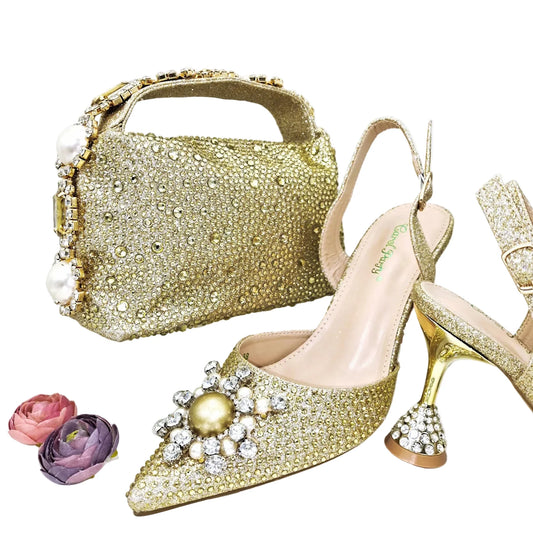 Women's shoes and matching bag set with shining crystals by EdleessFashion, featuring elegant footwear and a stylish crystal-embellished bag.