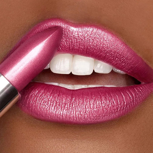 Blushimmer metallic lipstick tube with shiny pearlescent finish, bold and intense glitter lip tint for a striking lip look