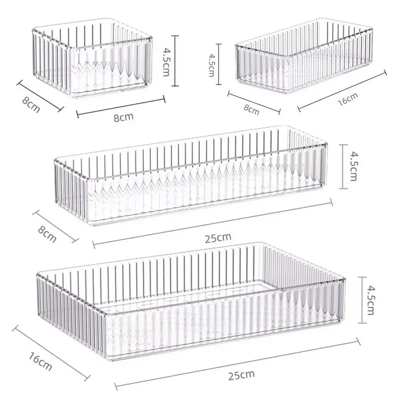 Transparent Blushimmer plastic desk storage box with multiple compartments for jewelry, makeup, and small items organizer.