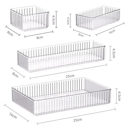 Transparent Blushimmer plastic desk storage box with multiple compartments for jewelry, makeup, and small items organizer.