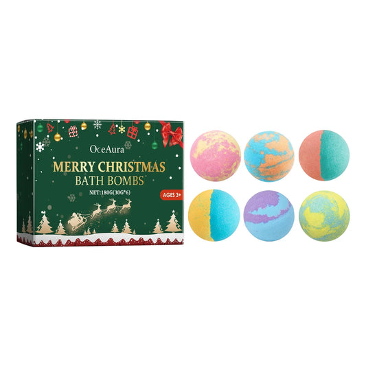 Colorful Christmas bath balls by Silcy Skin with bubble foam, designed for foot spa, deep moisturizing, and skin relaxation.