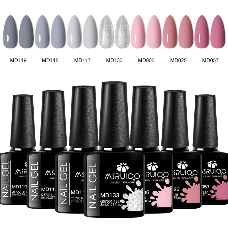 Blushimmer 7-piece nail gel polish set with vibrant colors for DIY nail art, long-lasting UV gel, and manicure decoration.