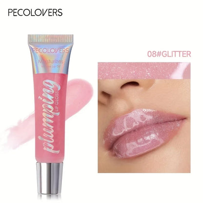 Blushimmer glitter lip gloss tube with moisturizing fruit lip oil for full, soft, and shiny lips.