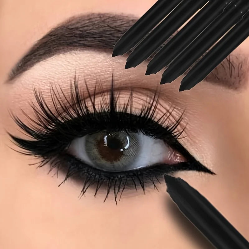 Set of 5 waterproof black gel eyeliners by Blushimmer, easy-to-wear, matte finish, quick-drying, non-smudge eye makeup pencils.