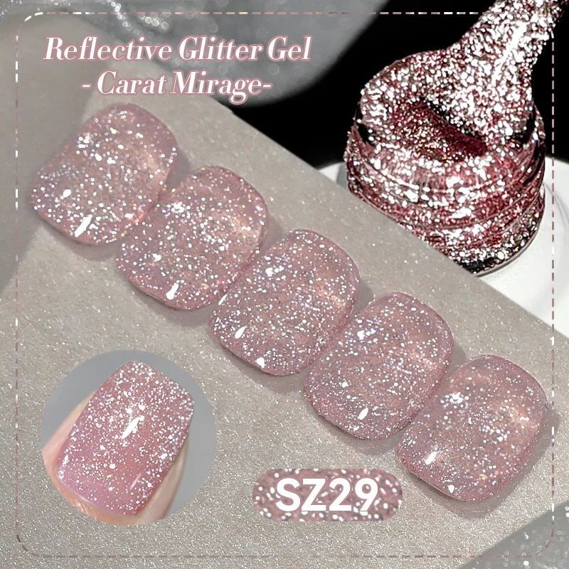 Silver carat glitter gel nail polish by Blushimmer with reflective sparkle, ultra-shine finish, suitable for UV nail art and soak-off gel nails.