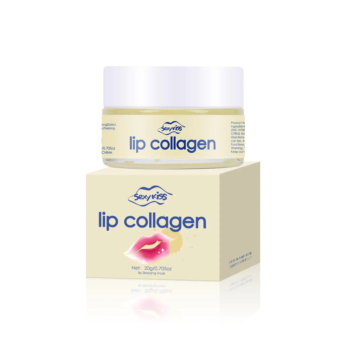 Blushimmer Lip Collagen Sleeping Mask in 20g jar with silicone lip brush for deep moisturizing and brightening lips overnight.
