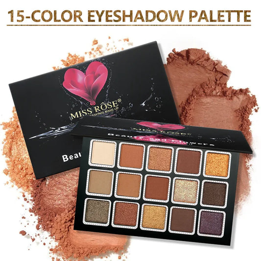 Blushimmer 15-color glitter eyeshadow palette with matte, waterproof, long-lasting pressed powders for women’s eye makeup.