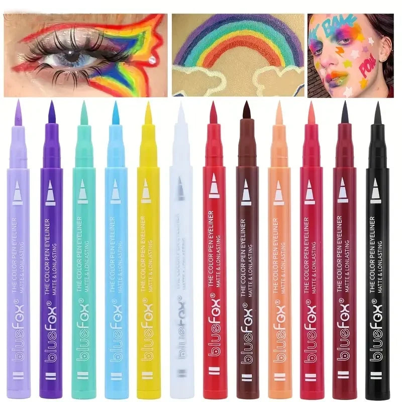 12-color waterproof liquid eyeliner and face paint pen set by Blushimmer, featuring vibrant colors and fine tips for detailed application.