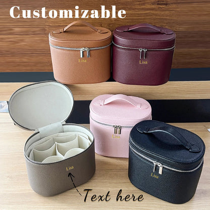 Large-capacity Blushimmer PU leather cosmetic bag with internal storage, customizable names, ideal for travel and organization.