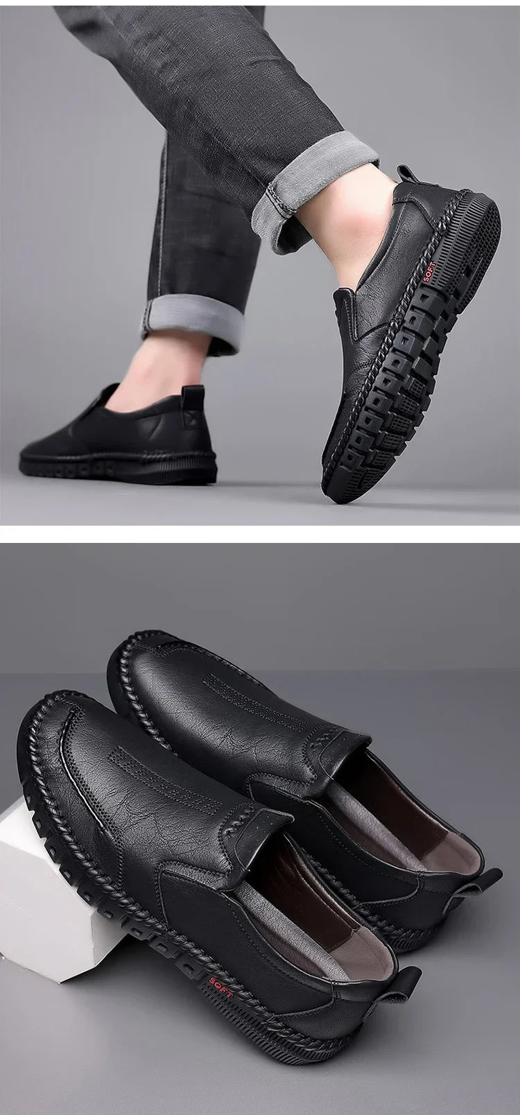 Men's Hand Stitched Genuine Leather Slip On Shoes Business Formal Occasion Wedding Party Footwear Leisure Official Board-Shoes