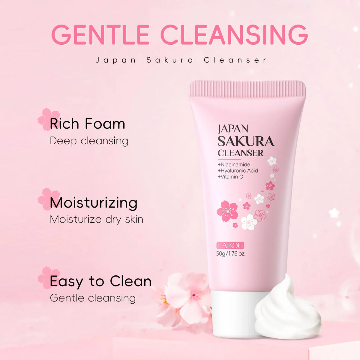 Blushimmer Laikou Sakura facial cleanser with pink packaging, showing the tube and fresh, brightening face wash for all skin types.