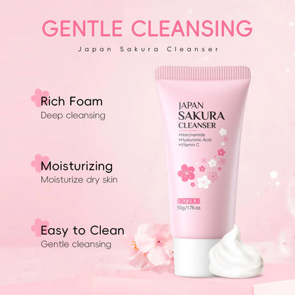 Blushimmer Laikou Sakura facial cleanser with pink packaging, showing the tube and fresh, brightening face wash for all skin types.