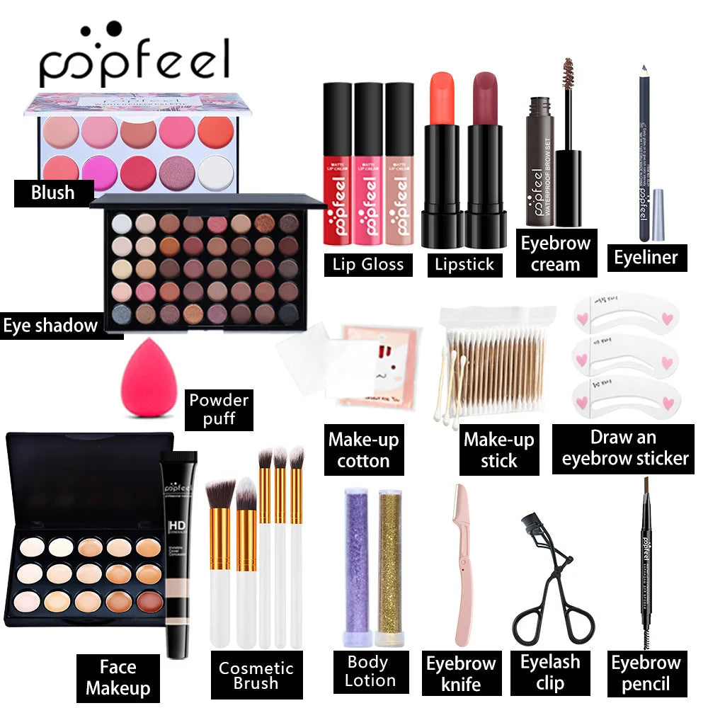 Blushimmer all-in-one makeup kit with eyeshadow palette, foundation, lip gloss, blush, brushes, eyeliner, and long-lasting mixed color paste.