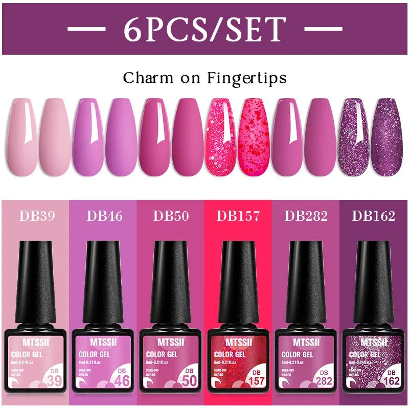 Blushimmer MTSSII 6-pack red gel nail polish set with sparkly, shiny finish for LED UV nail art and manicure supplies.