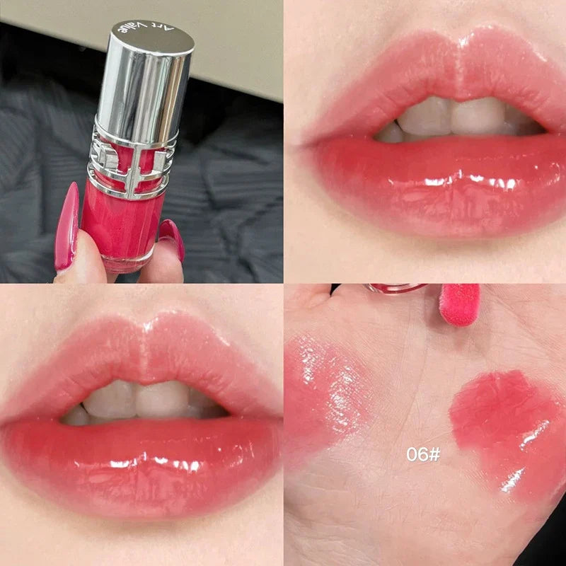 Blushimmer transparent moisturizing lip gloss with a mirror, featuring hydrating, tinted, and plumping effects on dry lips.