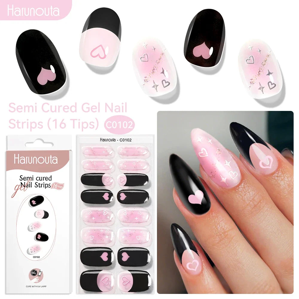 Harunouta Blushimmer gradient red marble gel nail strips with gold line, semi-cured DIY gel polish stickers for UV/LED nails.