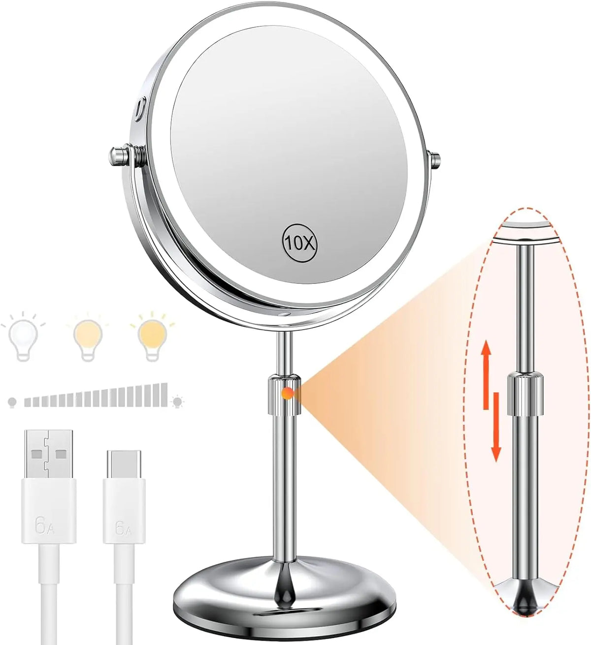 Blushimmer 8-inch makeup mirror with light, 10x magnification, adjustable brightness, three color lights, and height stand.