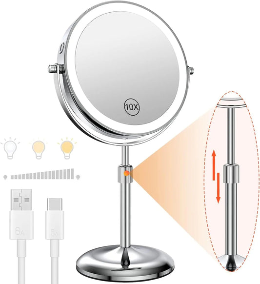Blushimmer 8-inch makeup mirror with light, 10x magnification, adjustable brightness, three color lighting options, and height stand