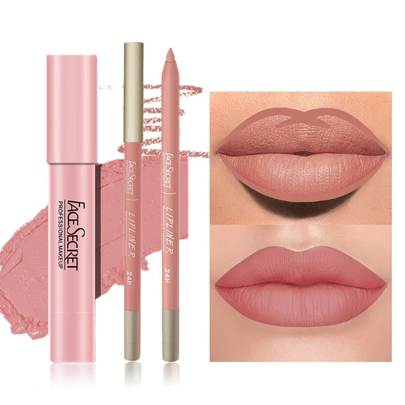 Blushimmer matte lipliner and lipstick set with waterproof, long-lasting lip makeup in soft matte shades, shown in the image.