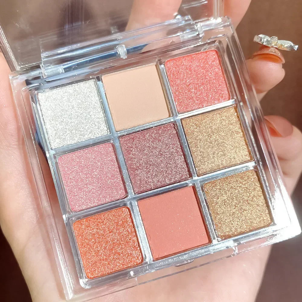 Blushimmer chocolate eye shadow palette with 9 pearly matte and shiny sequin eye pigments in earth tones, perfect for lasting makeup.