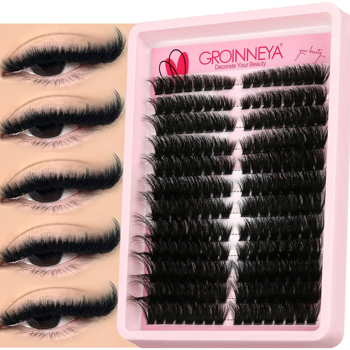 Blushimmer GROINNEYA Lashes Clusters cat eye eyelash extensions with wispy, fluffy design for volume and DIY makeup application.