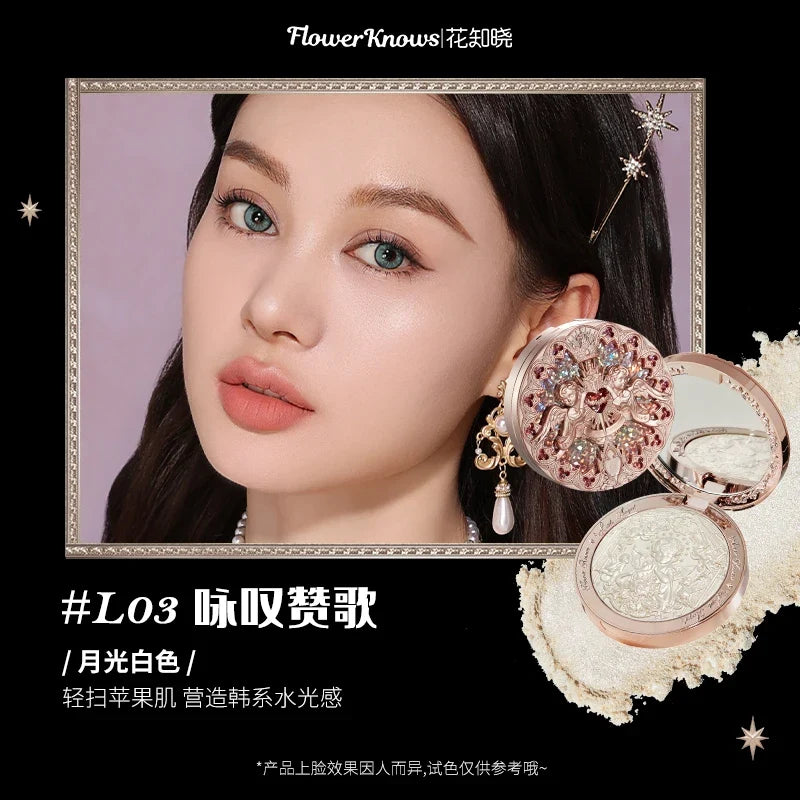 Blushimmer The Flower Knows Little Angel Collection face powder palette with highlighter, contour, and illumination shades in an 8g compact
