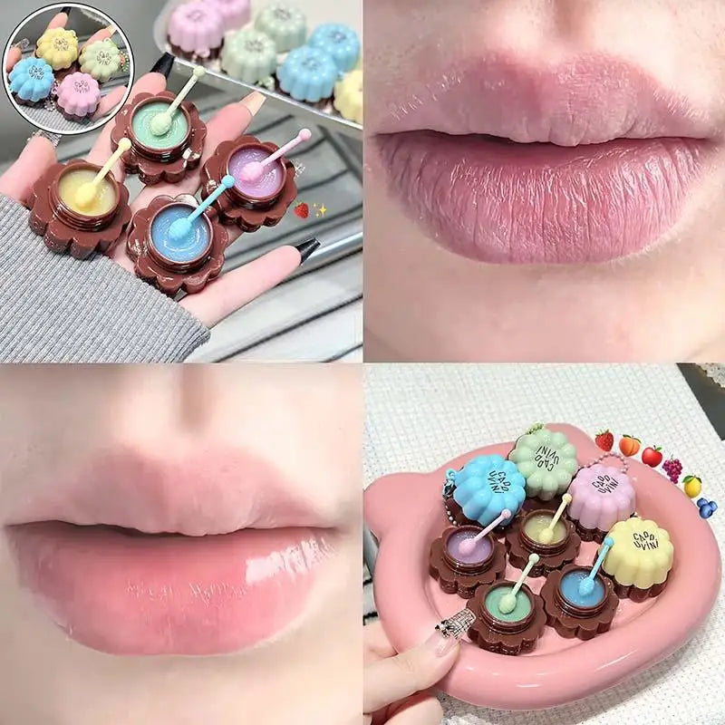 Blushimmer fruit-flavored lip balm and mask with red packaging, showing a jar of nourishing lip treatment for dry lips and reducing lip lines.