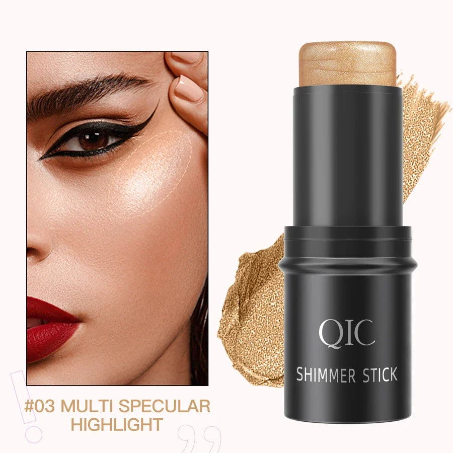 Blushimmer face contouring bronzer stick with highlighter, blush, and concealer in a sleek cream pen for makeup enhancement.
