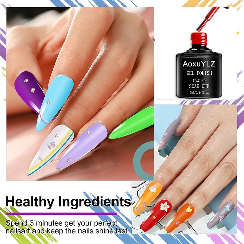 Set of 28 colorful gel nail polishes in glass bottles by Blushimmer, including UV gel, matte top coat, and base coat for manicure.