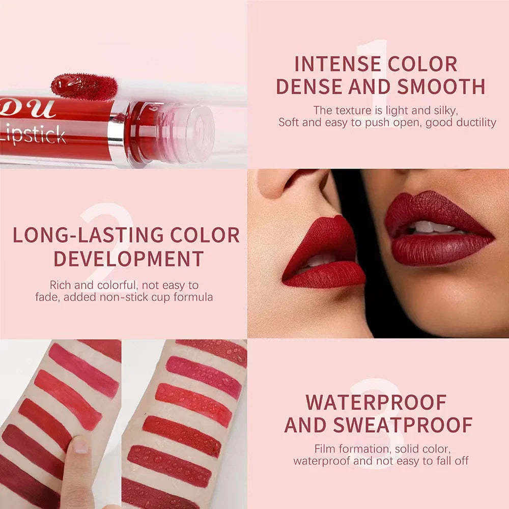 Blushimmer 3-piece matte lipstick and lip gloss set with waterproof, non-fading formulas, displayed in elegant packaging.