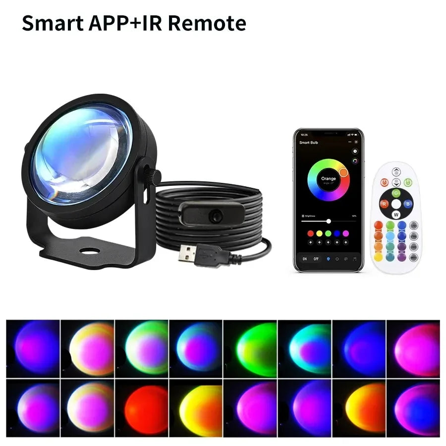 Tuya Smart Sunset Projector Lamp, RGB LED Spotlight with Smart Life App & IR Remote for Party, Photography & Night Light Decor
