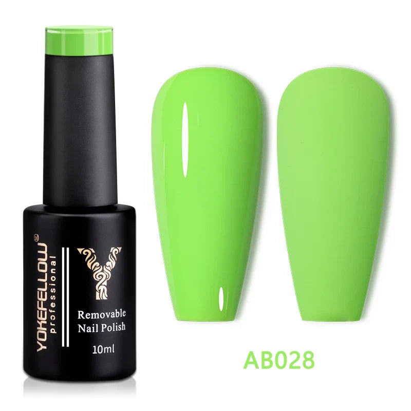 YOKEFELLOW 10ml translucent pink gel nail polish by Blushimmer, showing a smooth, glossy finish on a nail.