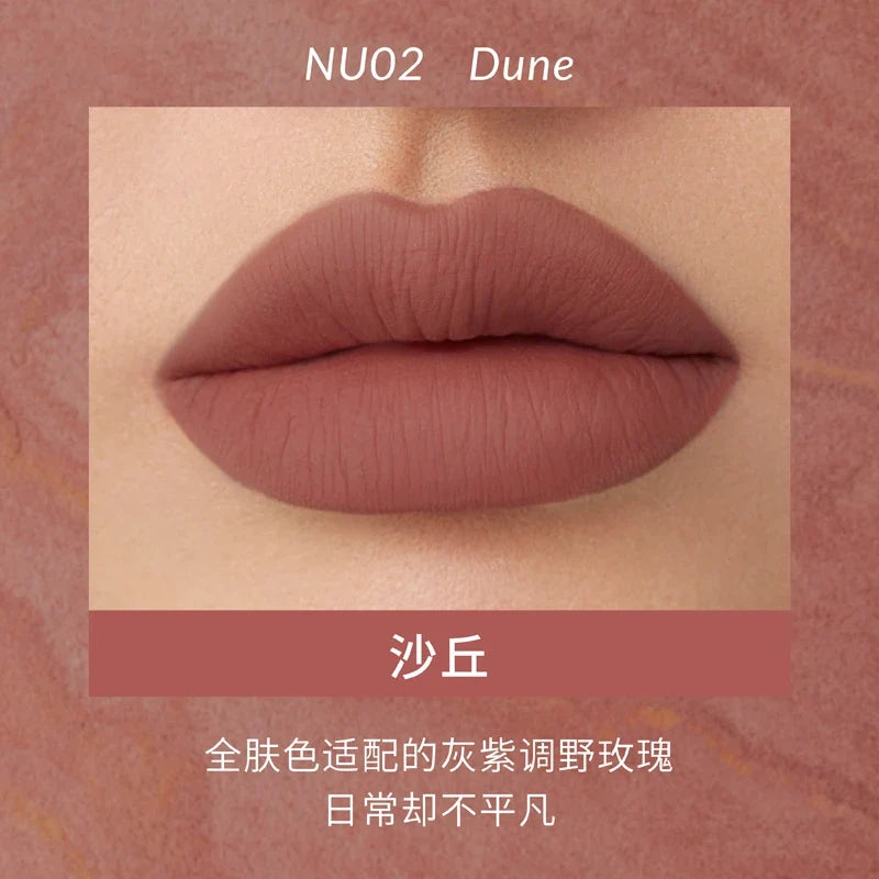 Blushimmer Kaleidos lipstick lip cream in matte velvet nude, waterproof long-lasting lip gloss with stain finish, close-up of product tube.