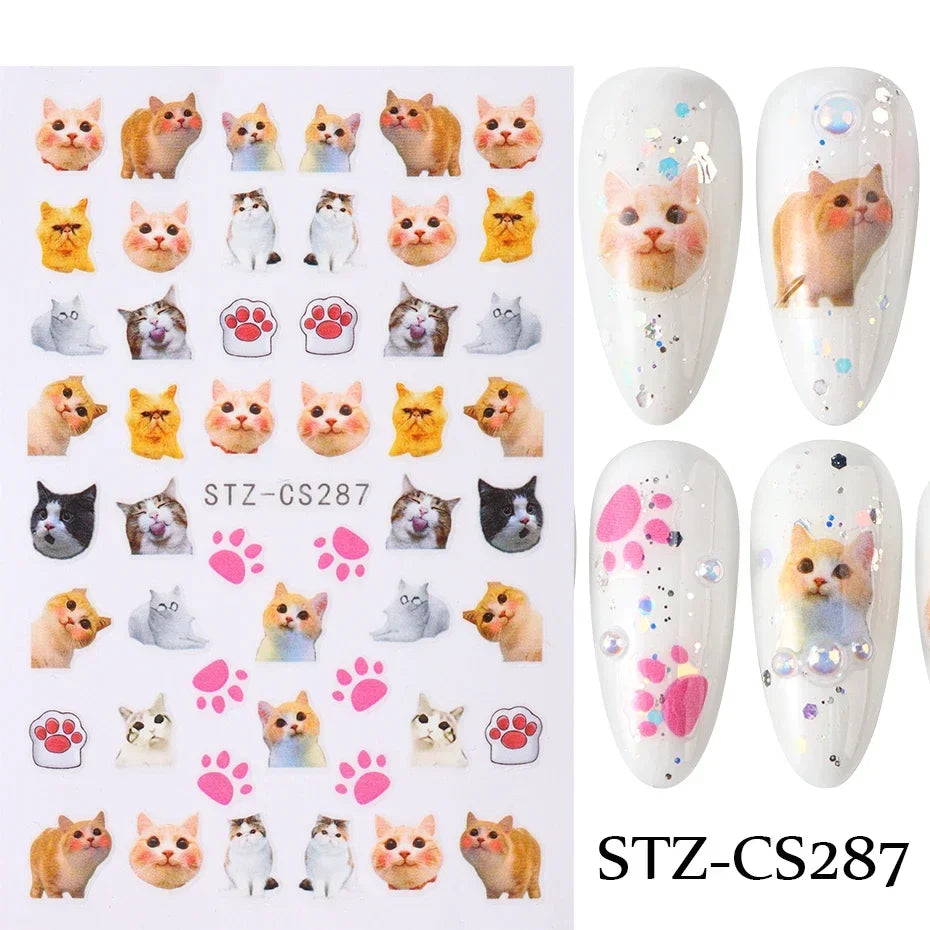 Cute 3D Korean cartoon dog, cat, bunny nail art stickers by Blushimmer featuring adorable puppy, kitty, and star designs for manicures.
