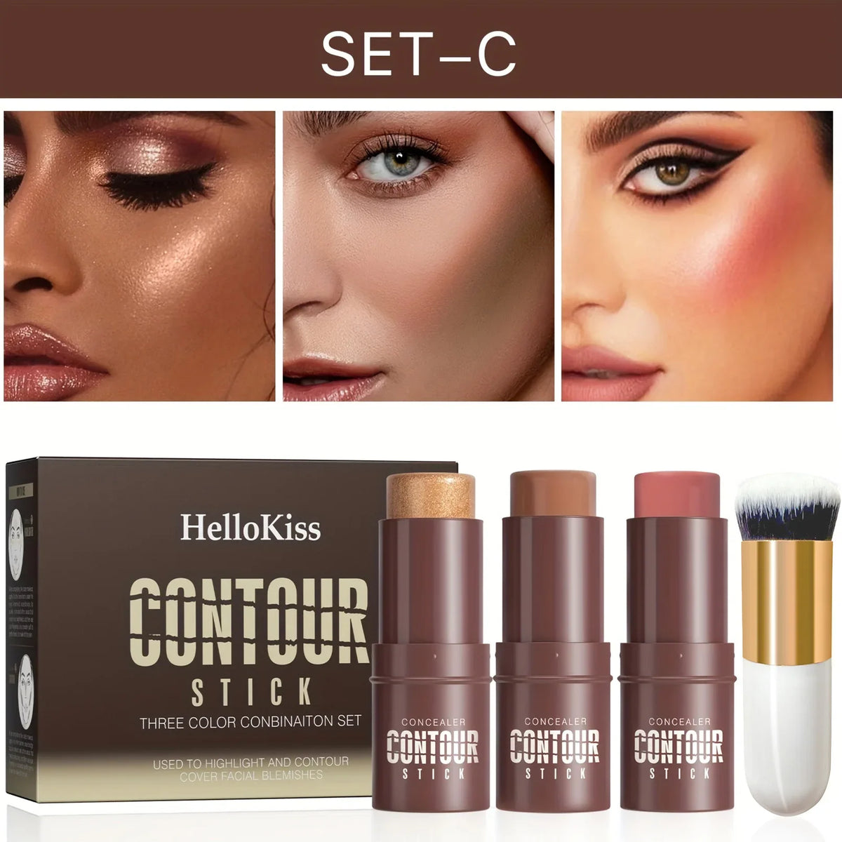 Blushimmer 4-piece contour stick set with highlighter and blush sticks, includes contour brush for creating facial contours
