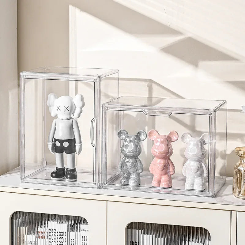 Clear acrylic storage box organizer for figures, makeup, and bags, ideal for showcasing collectibles and accessories.