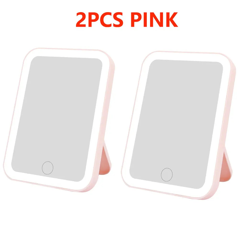 Blushimmer LED vanity mirror with touch screen, USB rechargeable, adjustable brightness, portable makeup mirror in three colors.