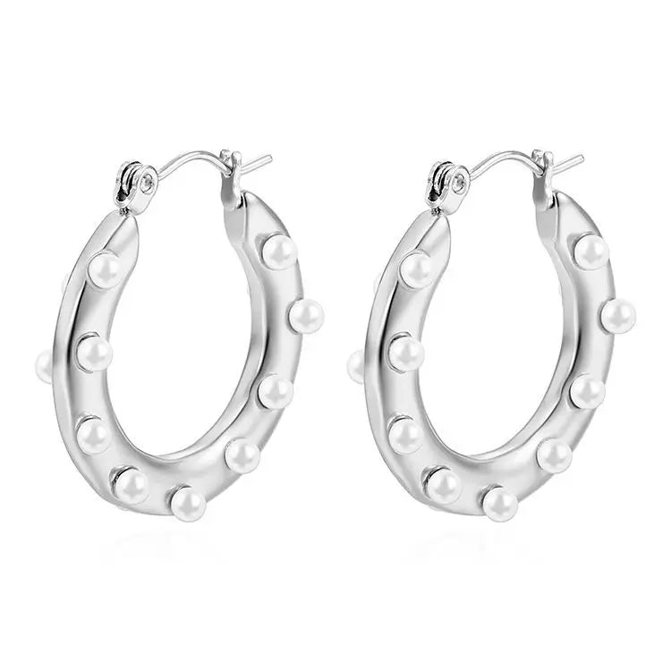 Charm Retro Geometry Round Inlay Pearls Stainless Steel Gold Color Hoop Earrings for Women Does Not Fade Jewelry Accessory Gift