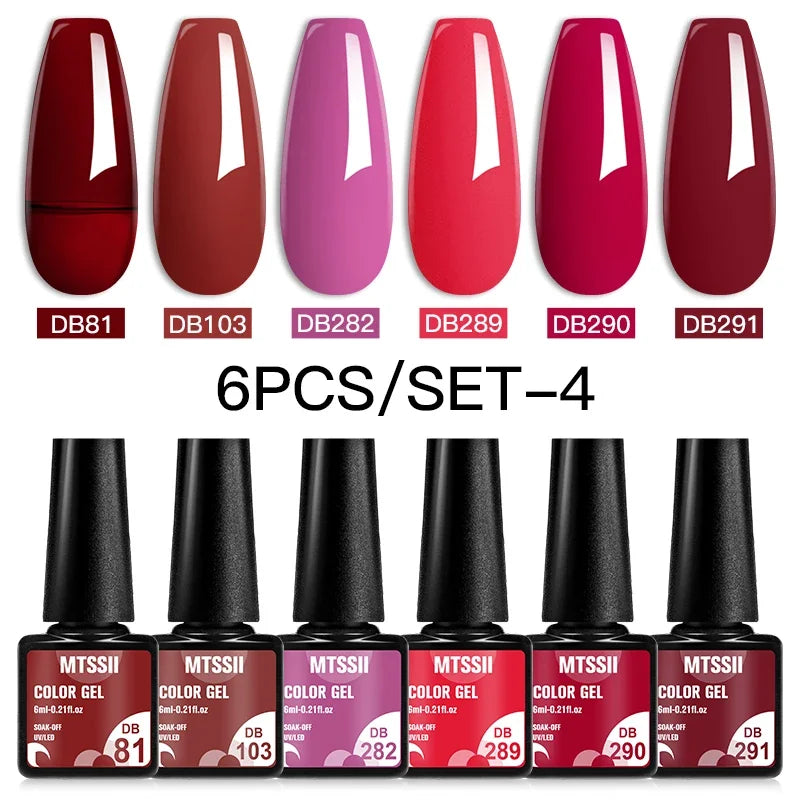 Blushimmer MTSSII 6-piece set of sparkly red gel nail polishes with shiny finish for LED and UV nail art and manicure.